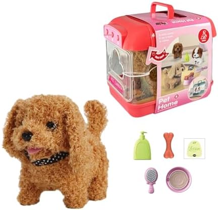 Oyuncak Sesli Işıklı Yürüyen Hareketli Köpek Taşıma Çantalı Aksesuarlı Set Taşınabilir Çanta +Pil  (Kırmızı-Kahverengi)