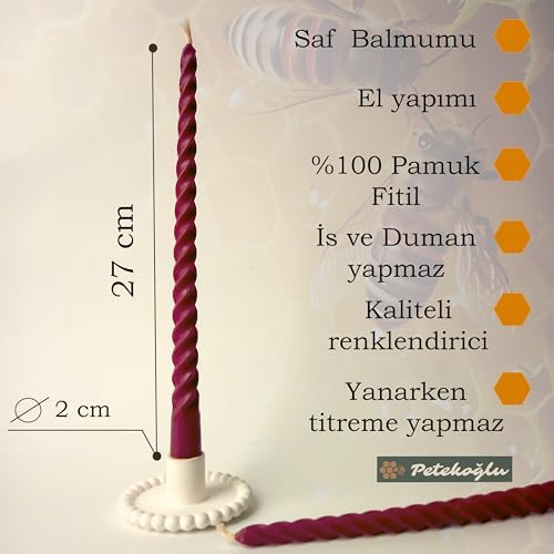(2 Adet 27.5Cm) Mum Konik Şamdan Mumu Dekoratif Akmaz Kırılmaz Mum Bal Mumu Beeswax Candle (Bordo)