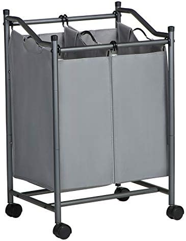 çamaşır ayırıcı, tekerlekli ve 2 bölmeli, çamaşır sepeti, çıkarılabilir çantalı çamaşır arabası, toplam kapasite 90 l, gri, LSF002GS