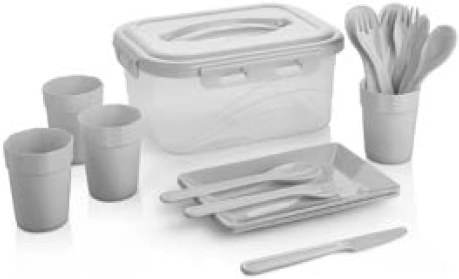 22 Parça Piknik Seti, 4 Kişilik, Tabak, Bardak, Çatal Kaşık Bıçak Takımı ve Saklama Kabı