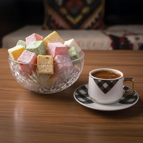 6 Kişilik Lüks Porselen Türk Kahvesi Fincan Takımı, Modern Siyah Beyaz Ekose Desenli, Detaylı ve Köşeli Kulplu, 12 Parça Çeyizlik Sunum Seti