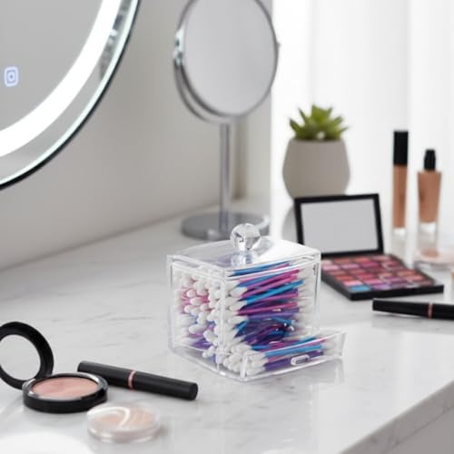Şeffaf Akrilik Kulak Çubuğu ve Makyaj Organizeri, Kapaklı, Çekmeceli, 9x9 cm, Banyo Düzenleyici Kutusu