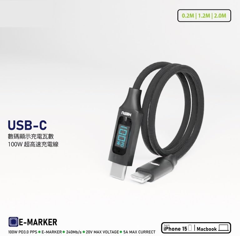 100W 5A Pd Şarj Kablosu 200 cm Led Güç Göstergeli Hızlı Şarj ve Data Kablosu 480MPS Type-C to Type-C PD 3.0 PPS