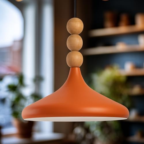 Tekli Ahşap Boncuk Detaylı Sarkıt Aydınlatma, Metal Sıvama, Ev, Ofis, Cafe, Restoran Avizeleri, E27 Duy (Turuncu)