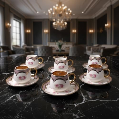 6 Kişilik Lüks Porselen Türk Kahvesi Fincan Takımı, Modern Siyah Beyaz Ekose Desenli, Detaylı ve Köşeli Kulplu, 12 Parça Çeyizlik Sunum Seti