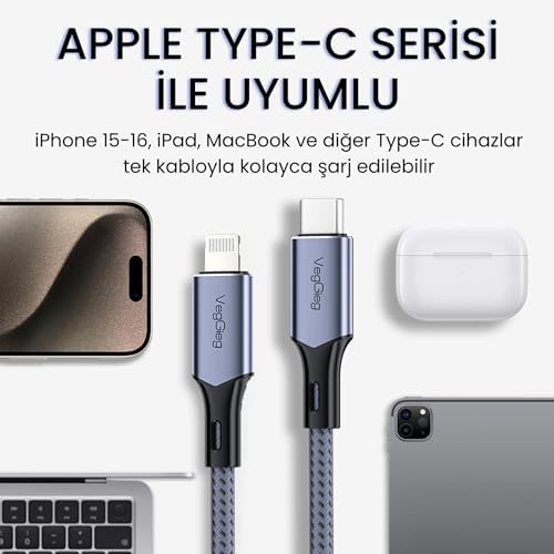 Veggieg 27W 3A USB Type-C to Lightning iPad Hızlı Şarj ve Data Kablosu 1.2 Metre