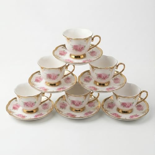 6 Kişilik Gül Desenli Porselen Türk Kahvesi Fincan Takımı, Altın Yaldız Kenarlı ve Kıvrımlı Klasik Tasarım, 12 Parça Çiçekli Çeyizlik Sunum Seti