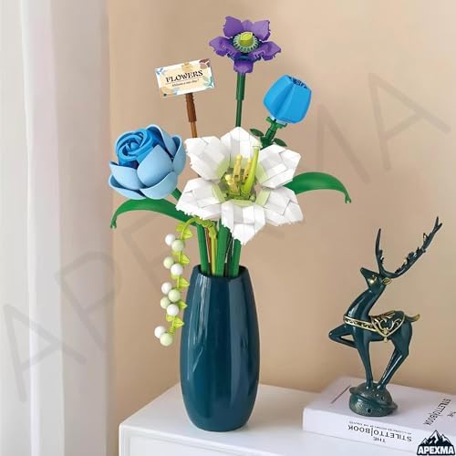 Apexma Çiçek Buketi Yapı Blokları Seti, Mini Bitki Tuğlaları Botanik Koleksiyonu Yapım Oyuncağı, Ev Dekorasyonu İçin Yaratıcı Yapay Çiçekler (4602-Mavi)