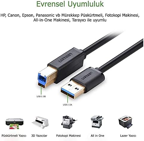 USB-A 3.0 & USB-B 3.0 Yazıcı Kablosu, 1 Metre, Siyah