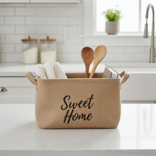 " " Dikdörtgen Jüt Düzenleyici Sepet (24x17x14 cm) – Krem Renk Katlanabilir Kumaş Kulplu Organizer | Ev, Mutfak, Banyo, Çocuk Odası ve Ofis İçin Çok Amaçlı Saklama Kutusu