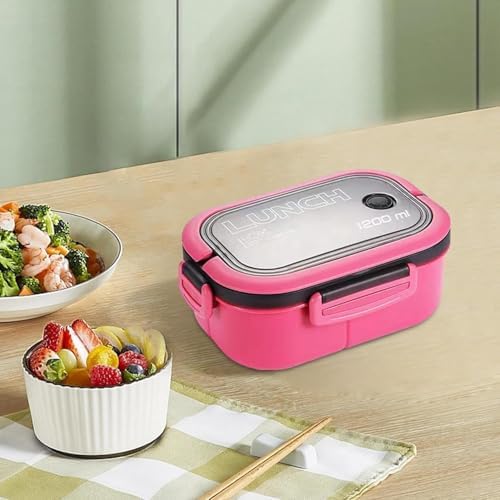 1200 ml 2 Katlı 6 Bölmeli BPA'sız PP Plastik Sefer Tası ve Beslenme Çantası - Hava Kilitli Bento Lunch Box, Çatal ve Kaşık Dahil (Pembe)