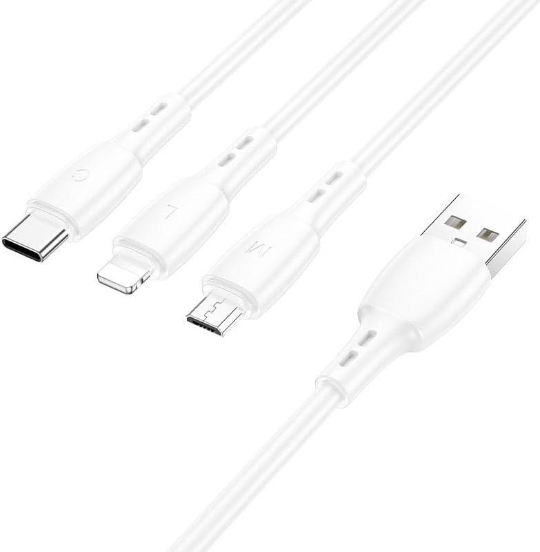 3in1 USB 17 ile Uyumlu Şarj Kablosu – Type-C, Lightning, Micro USB, 1 Metre, 2A Hızlı Şarj, PVC Kaplama, Çoklu Cihaz Uyumlu, Dayanıklı Tasarım | BX71 Beyaz Renk