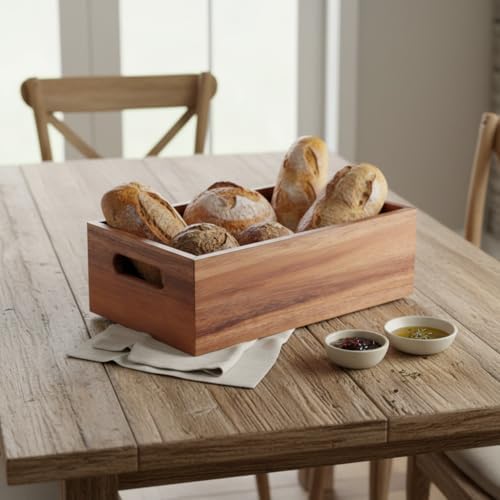 Akasya Ağacı Ekmeklik & Çok Amaçlı Organizer Kutu – 25x14x8 cm El Yapımı Doğal Ahşap Servis Tepsisi | Mutfak, Banyo, Ofis ve Ev Düzenleyici Kutu | Kulplu Dekoratif Ahşap Kutu