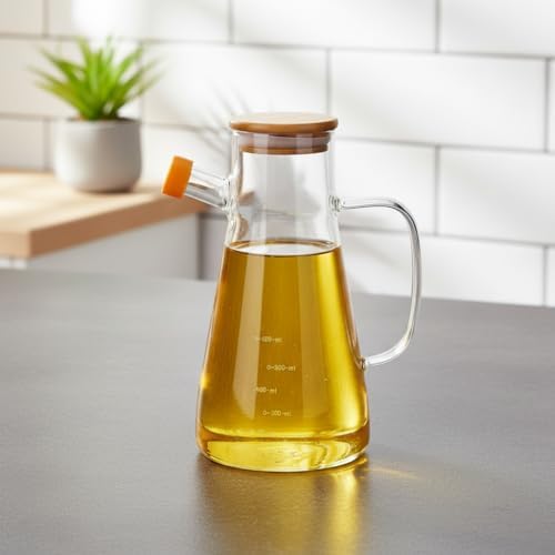 1 Adet 900 ML Bambu Kapaklı Borosilikat Cam Yağlık ve Sirkelik, Dayanıklı ve Ölçekli Tasarım, Damlatmaz Ağızlı Modern Mutfak Sosluk Şişesi