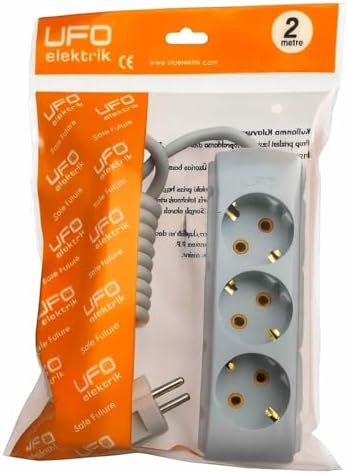 UFO 3lü 2 Metre Topraklı Grup Priz, 16A 250V, Üçlü Uzatma Kablosu Gri Renk