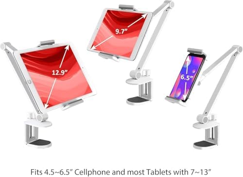 Alüminyum Ayarlanabilir Tablet Standı, 360 Derece Döndürülebilir, /iPad/iPad Mini/iPad Pro 12,9 inç Herhangi Bir Telefon/Tablet 4-13 inç, Ev, Ofis, Mutfak ve Yatak Kullanımına Uygun (Beyaz)