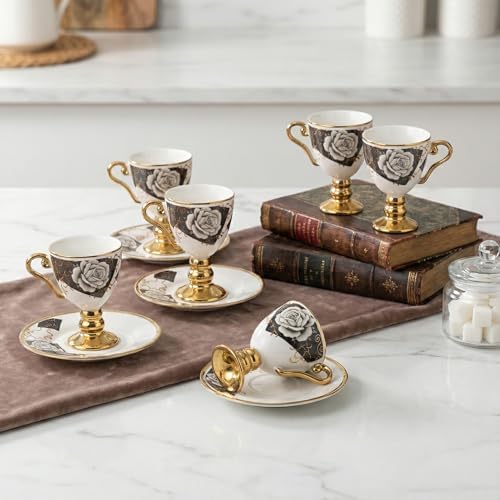 6 Kişilik Lüks Ayaklı Porselen Türk Kahvesi Fincan Takımı, Siyah Beyaz Gül Desenli ve Yaldız Detaylı, 12 Parça Kadeh Formlu Çeyizlik Sunum Seti