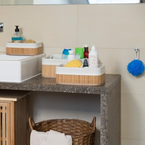 3'lü Bambu Organizer Sepet Seti – Dikdörtgen Ahşap Altlıklı & Bezli Sepet (30x20x11.5 – 25x16x9.7 – 21x12x7.7 cm) Çok Amaçlı Ekmek Sepeti, Banyo & Mutfak Düzenleyici