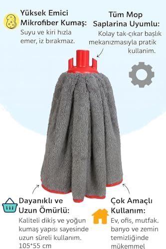 SiLVER HOME Mikrofiber Süper Emici Mop Ucu 55x105 cm, Gri Renk, 265 GSM, Ultra Emici Temizlik Bezi, Dalga İzi Bırakmaz, Dayanıklı Mop Başlığı, Ev ve Ofis Zeminleri İçin