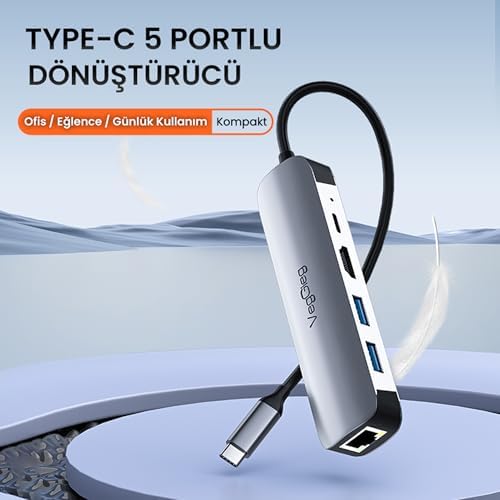 Type-C PD100W 5 Portlu 4K 30Hz HDMI 100Mbps Ethernet USB 2.0 + USB 3.0 Çoklayıcı Hub