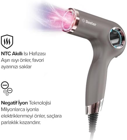 Bester HD8002 Profesyonel Saç Kurutma Makinesi, 1800 Watt BLDC Motor, Akıllı Isı Döngüsü, Negatif İyon Teknolojisi, Manyetik Başlık, 110.000 RPM