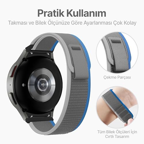 Galaxy 7/6/5/4/FE Serisi (40mm/44mm) 6/4 (47mm/43mm/42mm) 5 Pro 45mm İçin Hafif ve Bileği Rahatsız Etmeyen 20mm Kavisli Trail Loop Kumaş Kordon