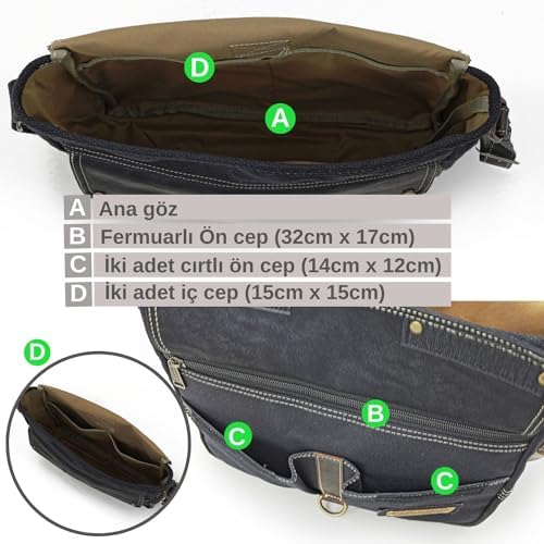 4047 Antiochia GL Hakiki Deri Omuz Postacı Okul Suya Dayanıklı Mumlu Kanvas Laptop Çantası