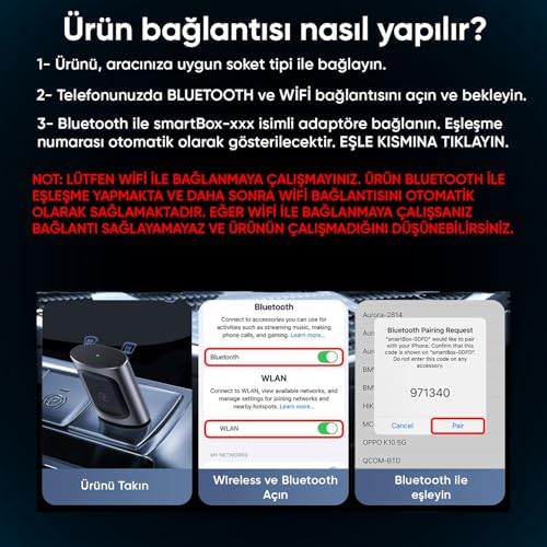 CarPlay Pro Kablosuz / Auto/Otomatik Bağlantı/Tak-Çalıştır Desteği/Hızlı ÇipSet ve Sorunsuz Bağlantı/Ekstra Type-C ve Uzatma Aparatı