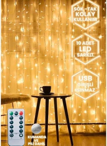 Led Işık 5 Metre Sarı Işık Kornişe Takılabilir Aydınlatma – USB Girişli, Bakır Telli, 10 Halkalı Tasarım, Perde Asma Aparatlı ve Uzaktan Kumandalı Dekoratif Işık Zinciri