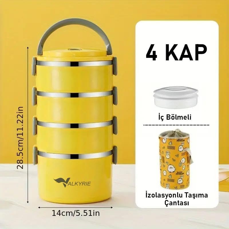 4 Gözlü Çelik Desenli Sarı Termal Bento Kutusu Çocuklar İçin Şirin