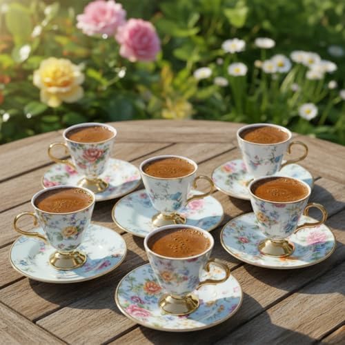 6 Kişilik Porselen Türk Kahvesi Fincan Takımı, Pembe Gül Desenli ve Sütun Şeritli, 12 Parça Klasik ve Nostaljik Çeyizlik Sunum Seti