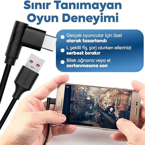 USB to Type-C ile Uyumlu ve ile Uyumlu Hızlı Şarj ve Data Kablosu 40 cm L Tipi Gaming (Siyah)