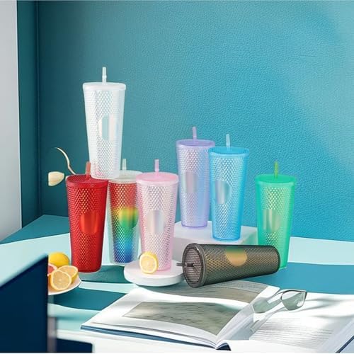 750 ml Kapaklı ve Pipetli Soğuk İçecek Bardağı – Mor Kristal Desenli Seyahat Kupası, Termal Yapı, Buzlu Doku, Buzlu Kahve Smoothie Bardak Taşınabilir Yazlık Plastik Bardak (Beyaz)