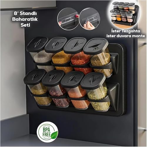 Turan 8'li Duvara Asmalı Baharatlık Seti - Tezgah Üstü Stantlı, Yapışkanlı ve 360 Derece Döner Kapaklı Plastik Mutfak Baharatlık, Renk