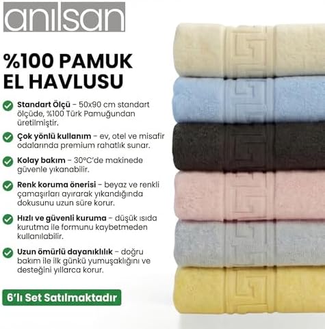 6'lı El ve Yüz Havlusu Seti (50x90 cm) -%100 Pamuk, Yüksek Emici, Grek Desenli - Ev, Otel, Spa ve Banyo İçin Lüks Havlu Seti Günlük Kullanıma Uygun