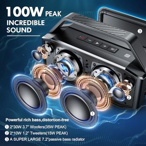 W-KING Subwoofer'lı Taşınabilir Yüksek Bluetooth Hoparlörler, 60W Dış Mekan Hoparlörleri Bluetooth Kablosuz Su Geçirmez Hoparlör, Derin Bas/40H/TF/AUX