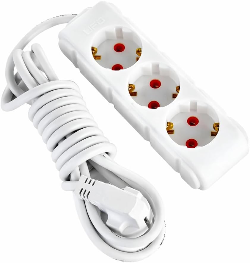 UFO 3lü 5 Metre Topraklı Grup Priz, 16A 250V, Üçlü Uzatma Kablosu Beyaz Renk