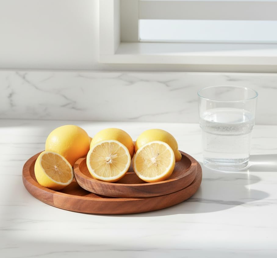 2'li Doğal Akasya Ahşap Yuvarlak Servis Tabağı ve Çerezlik Seti – 12 cm ve 15 cm Kahvaltılık, Sosluk ve Sunum Kasesi (İkili Takım)