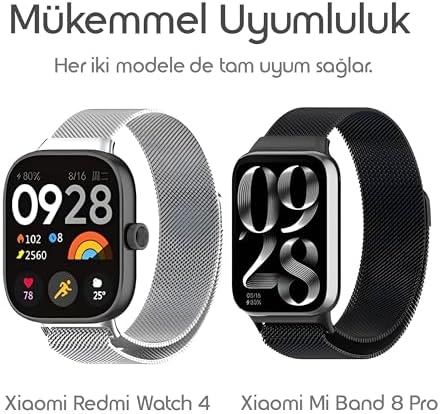 5/4/Mi Band 9 Pro/8 Pro ile Uyumlu Milano Kordon Manyetik Tasarımlı Terletmeyen Nefes Alan Hafif Yapılı Bilek Ölçüsüne Göre Ayarlanabilen Paslanmaz Metal Kayış