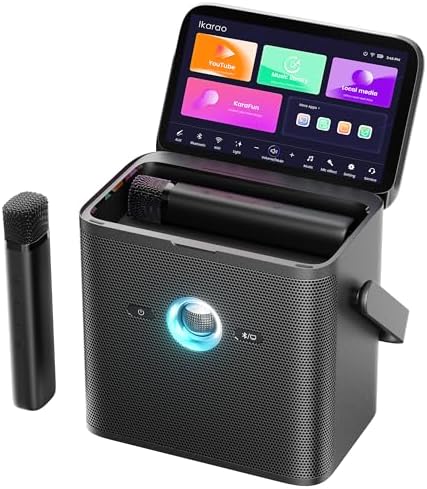 Ikarao Yetişkinler için Karaoke Makinesi, Şarkı Sözleri Ekranı ve Ekranı ile, YouTube için Karaoke Sistemi, 2 Kablosuz Mikrofon, Otomatik Ayar ve Yankı, KaraFun, Ev Dış Mekan Partisi için