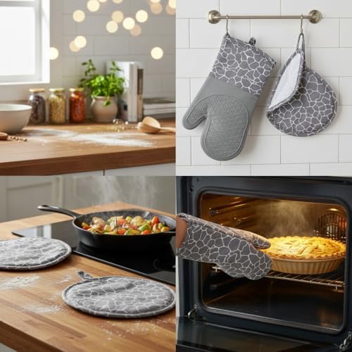 Silikon Fırın Eldiveni ve Tutacak Seti (2 Parça) - Yüksek Dayanıklı Komple Silikon Kavrama Yüzeyli Mutfak Eldiveni (Gri Desenli)