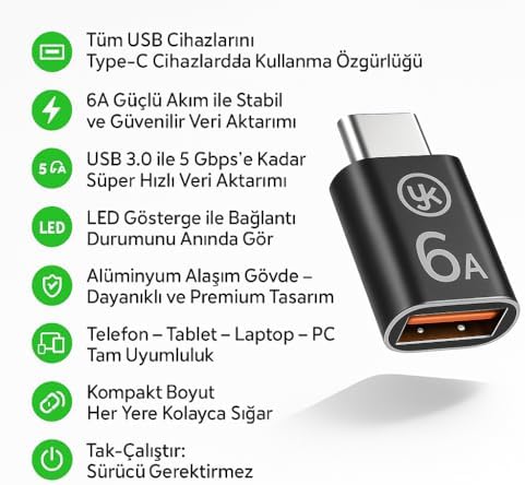 Type-c USB-C OTG Adaptör, Taşınabilir Dönüştürücü, Yüksek Hızlı Veri Aktarımı Siyah Otg