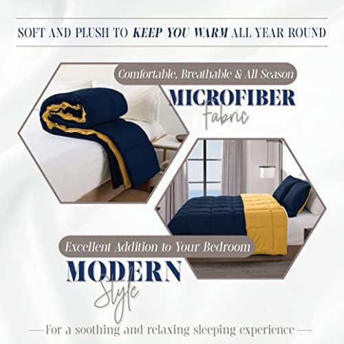 3 Parça Ters Çevrilebilir Yorgan Seti, Dört Mevsim Rahat, Yumuşak Kuş Tüyü Alternatif, Kapitone - Kutu Dikişli - 4 Köşe Sekmeli Nevresim Takımı, Süslü Yorgan, Kral, Lacivert/Sarı