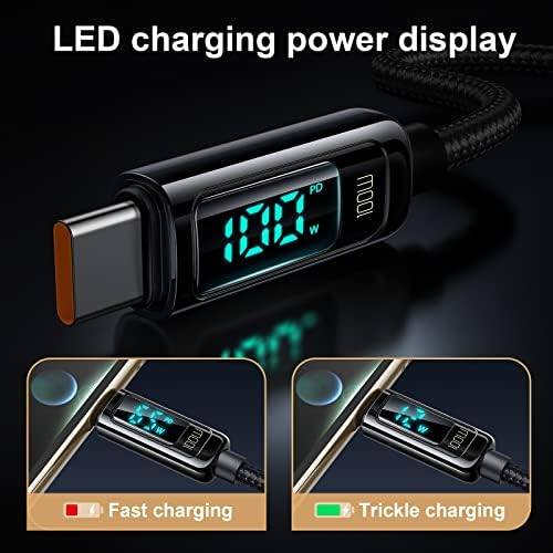 USB C - USB C Şarj Kablosu 4ft Tip C Hızlı Şarj Kablosu 100 W LED Ekranlı USB-C - USB-C Kablosu Naylon Örgülü USB-C Kablosu 16/15/15 Pro/Galaxy S23/iPad Pro/MacBook Pro için