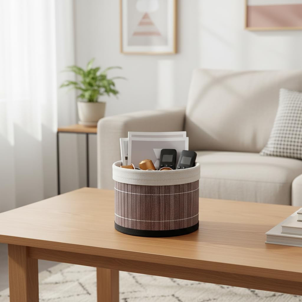 Yuvarlak Bambu Düzenleyici ve Saklama Sepeti – Çok Amaçlı Banyo, Makyaj ve Ofis Organizeri, Kumaş Astarlı Dekoratif Silindir Kutu (18x13 cm, Gri)