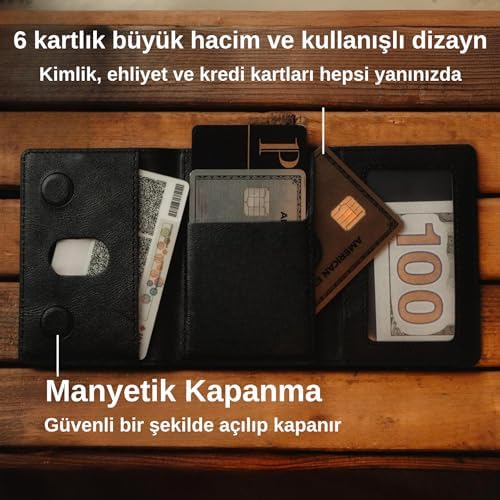 ile Uyumlu MagSafe özellikli Cüzdan Vegan Deri Güçlü Mıktanıs 6 Kart Hazneli Kartlık (Siyah)