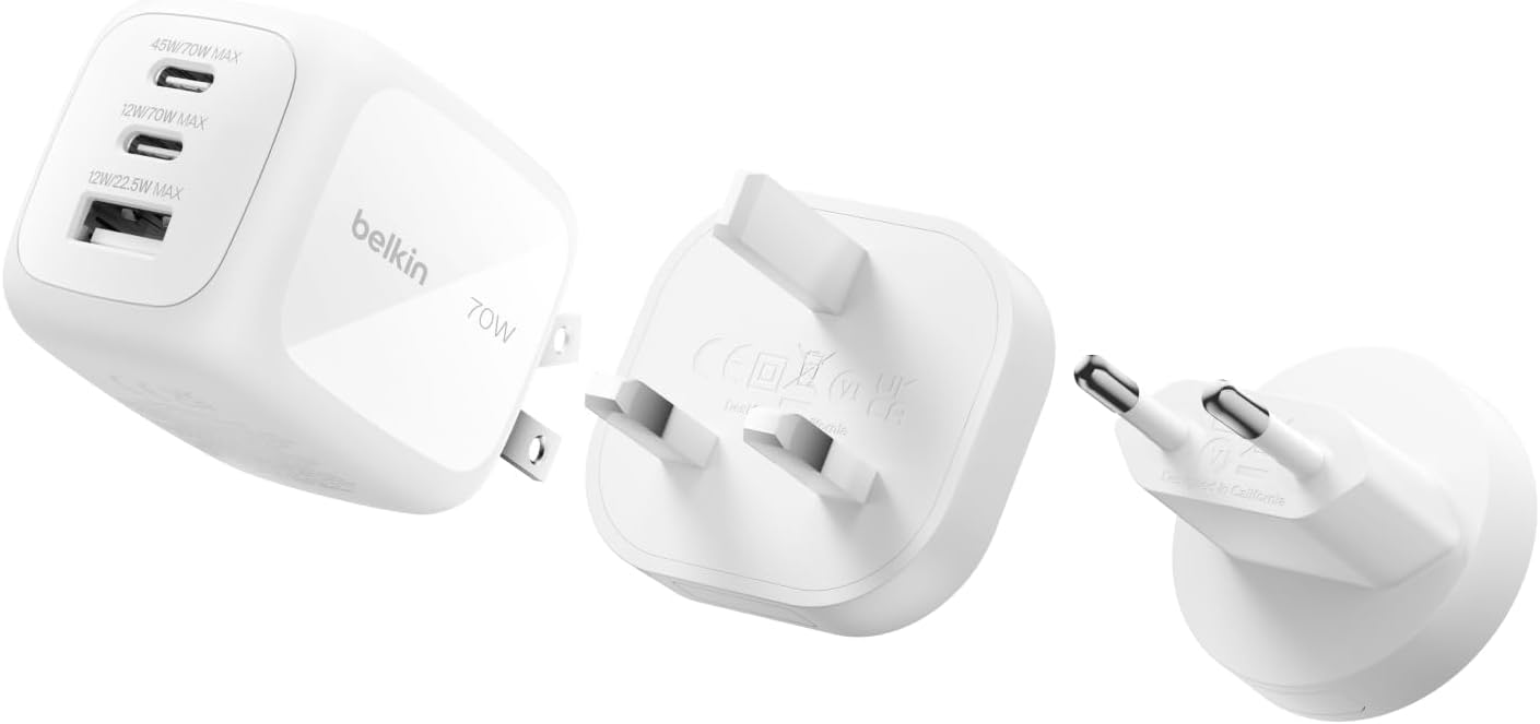 3 Bağlantı Noktalı USB-C Şarj Cihazı, 70 W, 2x USB-C ve 1x USB-A GaN Duvar Tipi, ABD/İngiltere/AB Fişleri, ,, iPad Pro, Galaxy, vb. için Hızlı Şarj - Beyaz