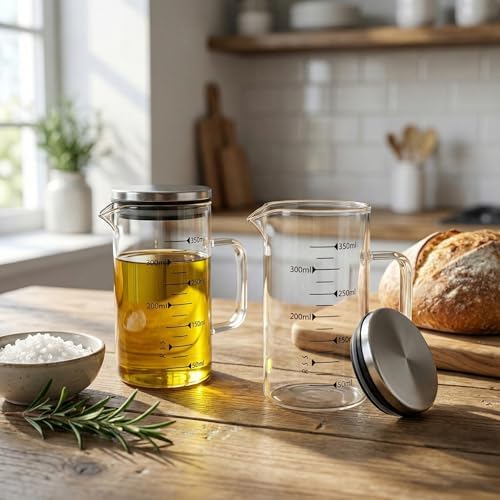 2'li Set Paslanmaz Çelik Kapaklı Borosilikat Cam Yağdanlık ve Ölçü Kabı - 350ml - Dayanıklı Damlatmaz Sosluk, Sütlük ve Mutfak Hazırlık Sürahisi - Şeffaf Modern Tasarım