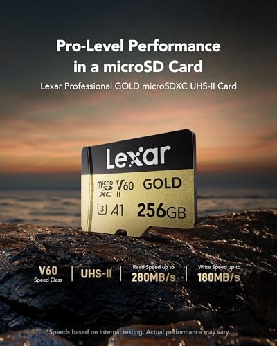 GOLD 256GB Mikro SD Kart, microSDXC UHS-II Bellek Kartı, V60, U3, A1, C10 microSD Kart, 280MB/s'ye kadar Okuma, Drone/Aksiyon Kamerası/UHS-II Taşınabilir Oyun Cihazı için (LMSGOLD256G-BNNNG)