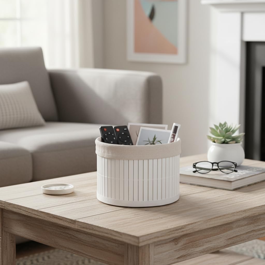 Yuvarlak Bambu Düzenleyici ve Saklama Sepeti – Beyaz Ahşap Çıtalı Banyo, Makyaj ve Ofis Organizeri, Kumaş Astarlı Çok Amaçlı Dekoratif Kutu (18x13 cm)